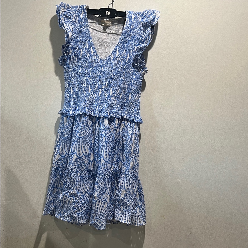 Embroidered stretch eyelet, short, blue and White Patterned Dress